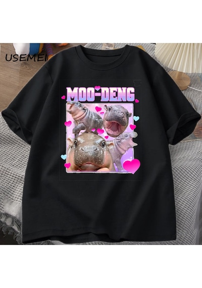 Flood Of Style Komik Moo-deng Bebek Pygmy Hippo Sevimli Hayvanat Bahçesi T Shirt Adam Kadın Nedensel Pamuk K Siyah