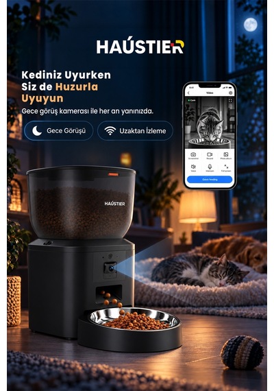 Qq025 Kameralı Akıllı Otomatik Kedi Mama Kabı, 480p ,gece Görüşlü, Wifi 2.4ghz, 4 Lt, Metal Kase