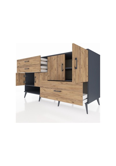 Kronos Konsol 3 Raflı 3 Çekmeceli 4 Kapaklı 176x59x99 Antrasit-ça Antrasit-çam