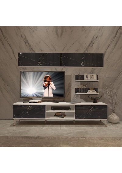 Decoraktiv Eko 5 Mdf Dvd Gold Tv Ünitesi Tv Sehpası Beyaz - Siyah Mermer