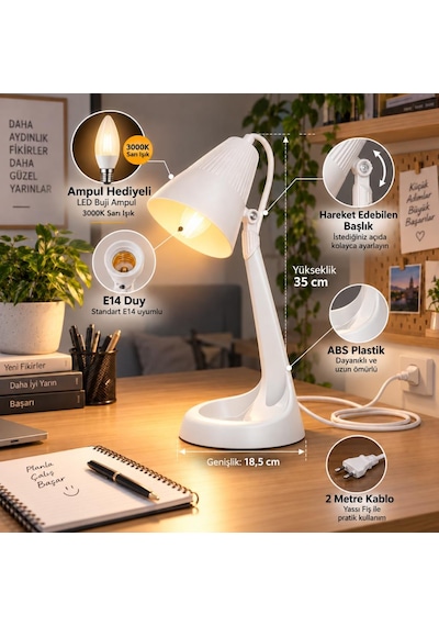 Hareketli Başlıklı Beyaz Masa Lambası E14 Duy, 3000k Sarı Işık Led Buji Ampul Hediyeli, 2 Metre Kablolu, Abs Plastik Çalışma Ve Ders Lambası