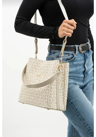 Just Polo Kadın Monogram Baskılı El Ve Omuz Çantası Ebat 25 X 25 Krem