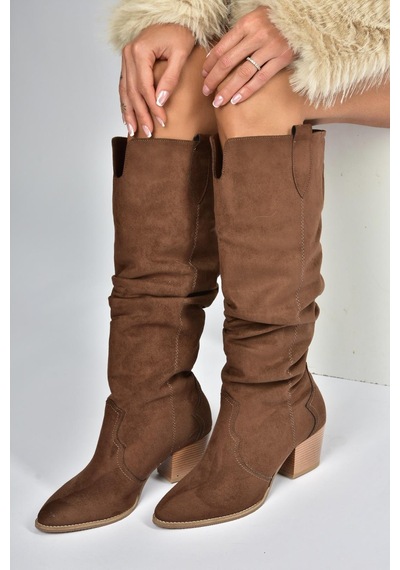Fox Shoes J404040102 Kahverengi Süet Kalın Topuklu Kadın Çizme Kahverengi-süet