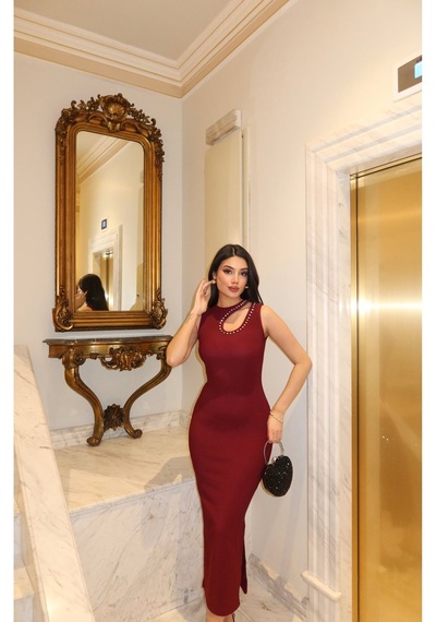 Kechi Woman Ottoman Kumaş Damla Taşlı Bordo Elbise