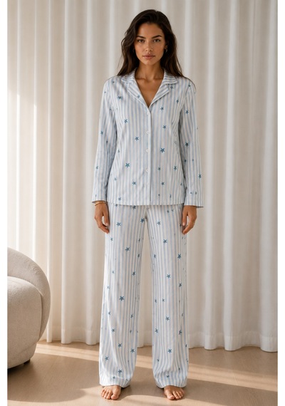 Womanandkids Mavi Kadın Desenli Basic Kış Pijama Takımı