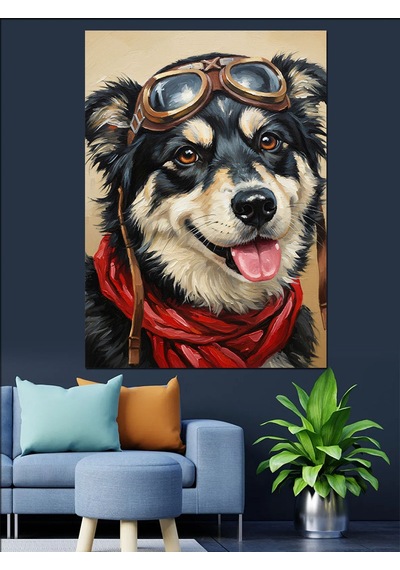 Ahşap Tablo Gözlüklü Havalı Köpek Pilot