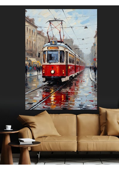 Kırmızı Tramvay Şehir İçi Dekoratif Kanvas - Mdf Ahşap Tablo
