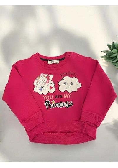Zekids Kız Bebek Dady Yazılı Bulut Baskılı Pamuklu Sweat-14461 Fusya