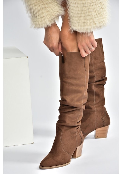 Fox Shoes J404040102 Kahverengi Süet Kalın Topuklu Kadın Çizme Kahverengi-süet