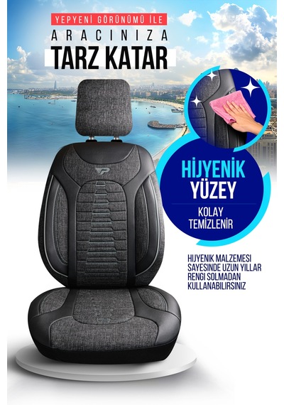 Füme - Gri Panda Bakü Serısı Keten Kumaş Oto Koltuk Kılıfı - Tam Set