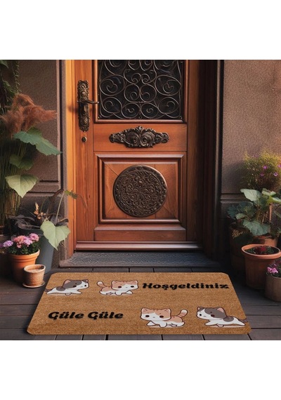 Valerine Life Sarı Siyah Yavru Kediler Hoş Geldiniz Ve Güle Güle Kapı Önü Paspası 45x70cm