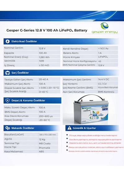 Gesper 12.8 V 100 Ah Lifepo₄ Lityum Akü