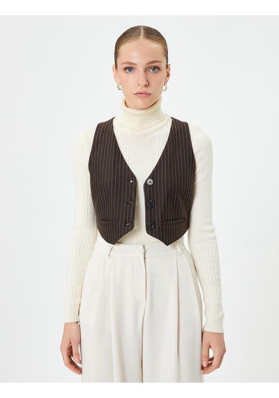 Koton Crop Yelek Düğmeli Mini Cepli Ekru Çizgili 4wak10238ek Ekru Çizgili