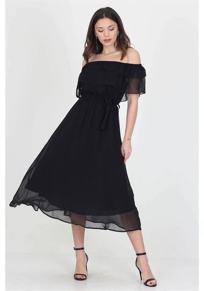 Neşeli Butik Kadın Yeni Sezon Madonna Yaka Bağlama Detaylı Şifon Elbise Ry8060 Siyah