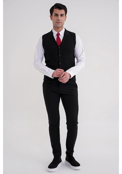 Slim Fit Ceket Yaka Düğmeli Siyah Yünlü Triko Yelek Try 012 Siyah