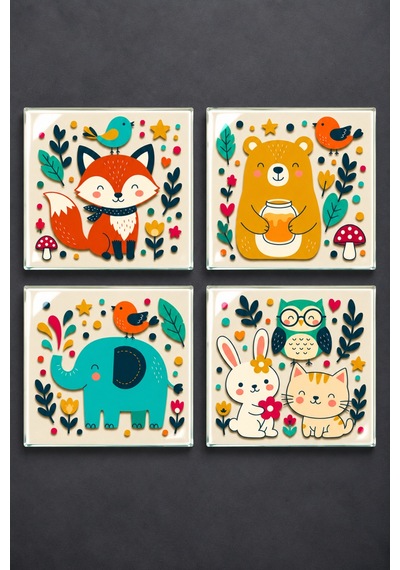 Gökçeoğlu Cam Bardak Altlığı Orman Hayvanları Temalı 4'lü Takım 10cm X 10cm Çok Renkli