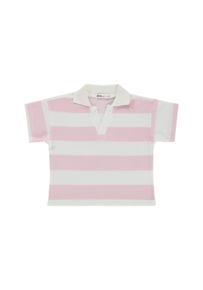 Civil Girls Çizgili Polo Yaka 2-5 Yaş Tişört - Pudra