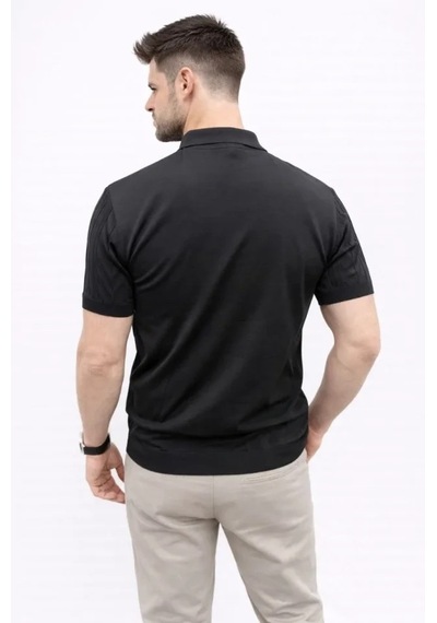 Erkek Yazlık Triko Tişört Kısa Kol Polo Yaka Düğmeli T-shirt - Siyah
