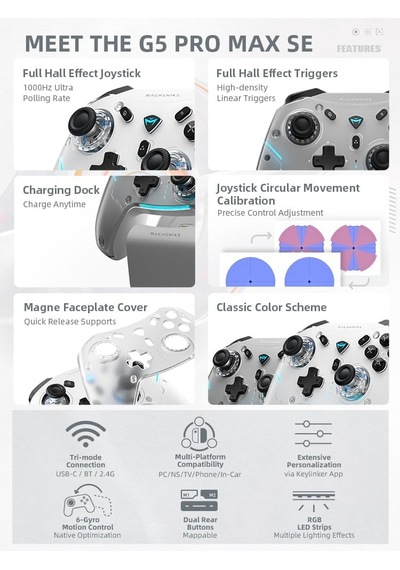 G5 Pro Max Se Set Bluetooth Controller, Windows/switch/mac/pc/steam/ios/android/tv/ipad 1000hz, Hall Joysticks & Trigger, Şarj İstasyonu, Çift Geri Tuşlar