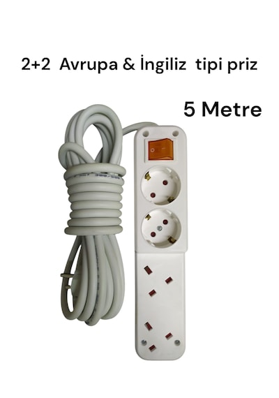 4'lü 5 Metre Anahtarlı 2+2 Avrupa + İngiliz Tipi Grup Priz