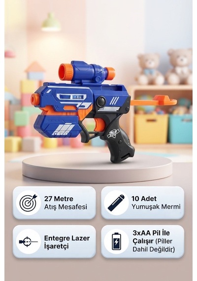 Lazerli Hedef Nişancı Tabancası 10 Sünger Mermili 27 Metre Menzil Aksiyon Oyuncak