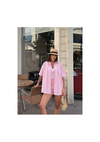Nido Moda Kadın Oversize Fisto Gömlek Ve Beli Lastikli Şort İkili Takım Pembe