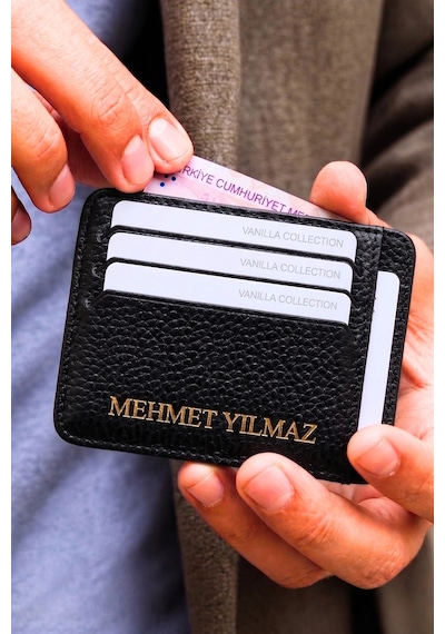 Vanilla Collection Kişiye Özel İsim Baskılı Hakiki Deri Slim Cüzdan Kartlık Portföy Siyah