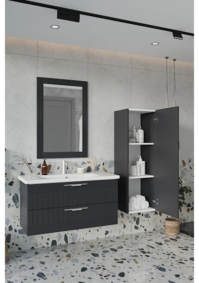 Erguvan Gümüş Kulp Antrasit 100 Cm %100 Mdf Lavabolu Banyo Dolabı Ayna Lavabo Boy Dolabı Antrasit Erguvan Gümüş Kulp Antrasit 100 Cm %100 Mdf Lavabolu Banyo Dolabı Ayna Lavabo Boy Dolabı Antrasit