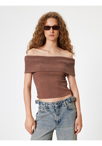 Koton Madonna Yaka Crop Bluz Kısa Kollu Bürümcük Dokulu Slim Fit Kahverengi 4sal60061ık Kahve