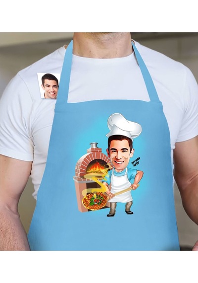 Kişiye Özel Erkek Kebapçı Karikatür Mavi Mutfak Önlüğü - 1