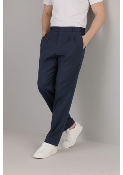 Bürke Çift Pileli Lacivert Beli Lastikli Rahat Bol Kesim Baggy Pantolon