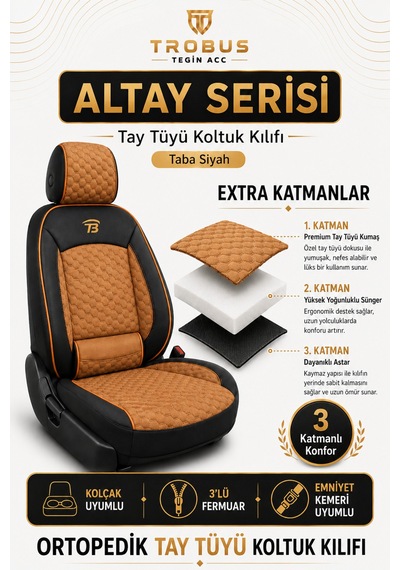 Mercedes E 2013 Ve Sonrası Uyumlu Altay Bel Destekli Tay Tüyü Taba Siyah Koltuk Kılıfı Taba Siyah