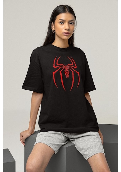 Havalı Spider-man Logo Baskılı Unisex Oversize Tişört Siyah