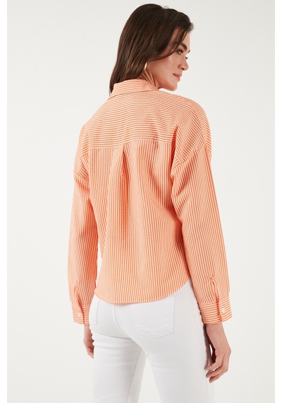 Lela Regular Fit Çizgili Göğüs Cepli Dokulu Bayan Gömlek 6772870 Oranj