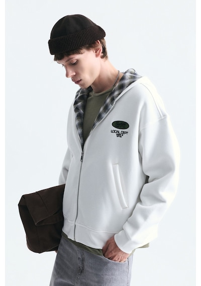 Vamos Boxy Fit Fermuarlı Kapüşonlu Sweatshirt V70-245 Ekru