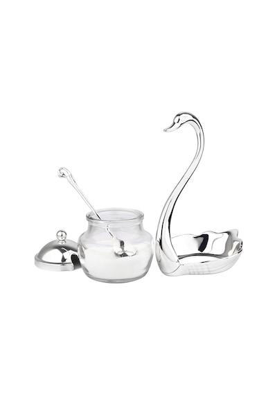 Lüks Kuğu Tasarımlı Cam Şekerlik Dekoratif Baharatlık Bal Kavanozu Sunumluk Metal Standlı Set Diğer