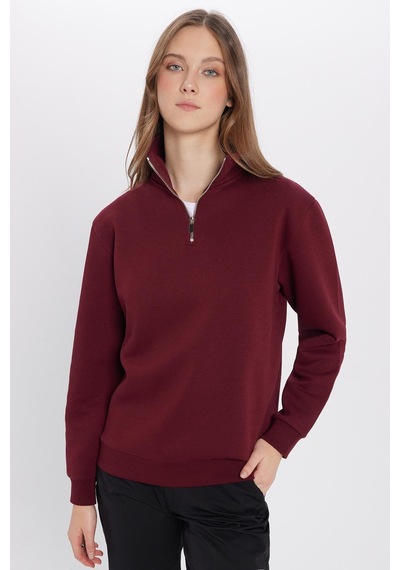 Tudors Unisex Relax Fit Rahat Kesim Pamuklu İçi Polarlı Yarım Fermuarlı Bordo Dik Yaka Sweatshirt-29413 Bordo