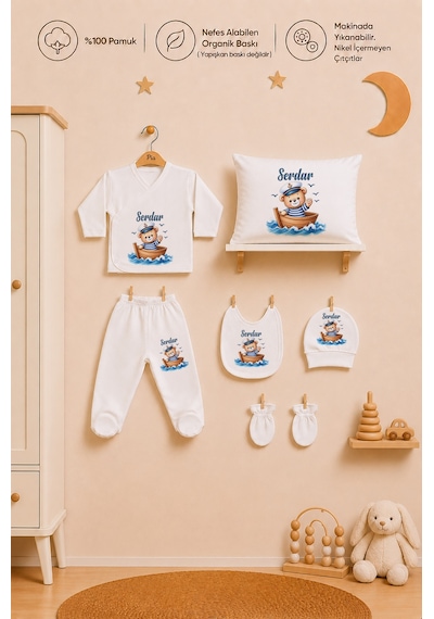 Pia Baby Hastane Çıkışı Erkek Bebek 7 Parça Zıbın Seti %100 Pamuk İsme Özel 1102zyb3x Ekru