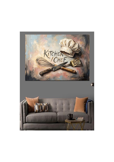 Kitchen Chef Şapkası Ve Bıçaklar Yağlı Boya Dokulu Kanvas Tablo Canvas Tablosu