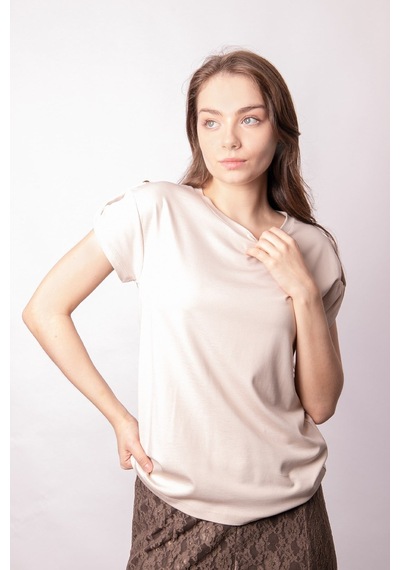 Kadın Modal Penye Geniş Sıfır Yaka Düşük Omuzlu Apoletli Kısa Kol T-shirt Bluz-bej Bej