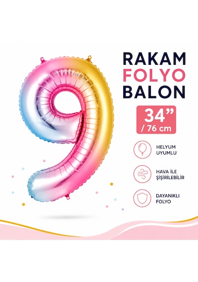9 Rakam Folyo Balon Gökkuşağı 34 İnç 76 Cm Doğum Günü Parti Balonu Çok Renkli