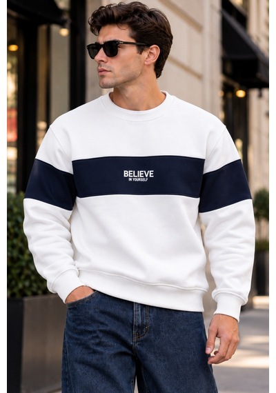 Tarz Cool Erkek Şerit Detaylı Believe Baskılı 3 İplik Şardonlu Bisiklet Yaka Sweatshirt Beyaz