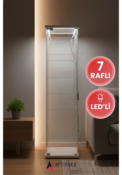 7 Raflı Ledli Cam Vitrin Dolap Gümüşlük Koleksiyon Sergi Kitaplık Kapaklı Büfe Mutfak Raflı Detolf Beyaz 7 Raflı Ledli Cam Vitrin Dolap Gümüşlük Koleksiyon Sergi Kitaplık Kapaklı Büfe Mutfak Raflı Detolf Beyaz