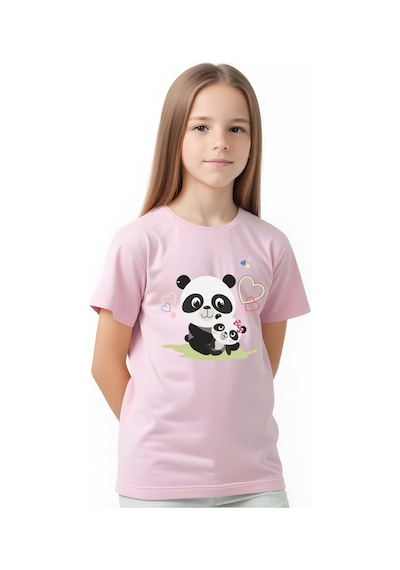 Panios Kids Mother Panda Baskılı Kız Çocuk Kısa Kollu T-shirt Açık Pembe