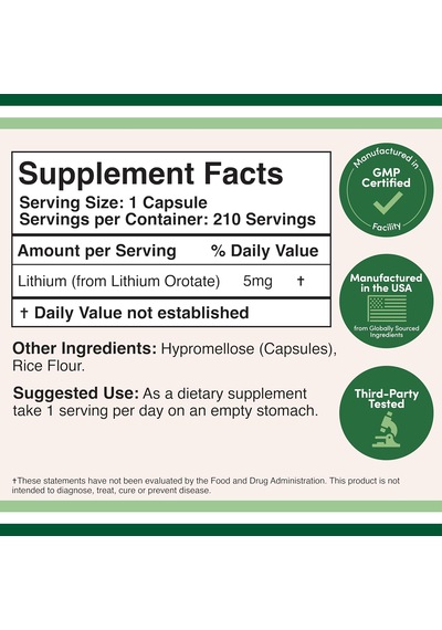 Double Wood Lithium Orotate 5 Mg Cognition And Brain Health 210 Caps Aromasız