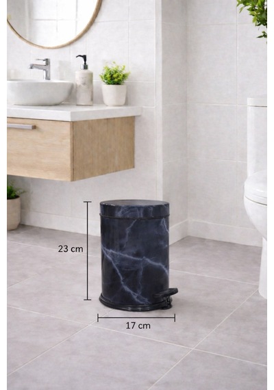 Lacivert Mermer Desenli 2'li Banyo Seti - Metal Çöp Kovası 3 Lt Ve Wc Fırçası Takımı Lacivert