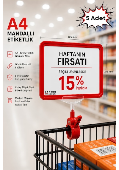 5 Adet - A4 Mandallı Fiyatlık Etiketlik Sepet Raf Askılık Fiyat Etiketi Çerçeveli Market Mağaza Kırmızı
