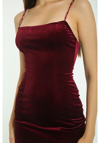 Deligüzel Kadın Zincir Model Askılı Bordo Kadife Elbise Bordo