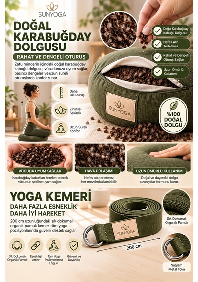 Zafu Meditasyon Minderi + 200 Cm Yoga Kemeri Seti Karabuğday Dolgulu 35x12 Cm Yeşil