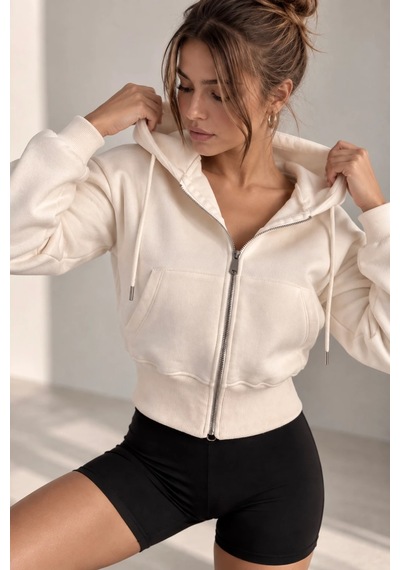 Bb Butik Basic Kapüşonlu Fermuarlı Kısa Kadın Sweatshirt Günlük Basic Model My3535 Ekru